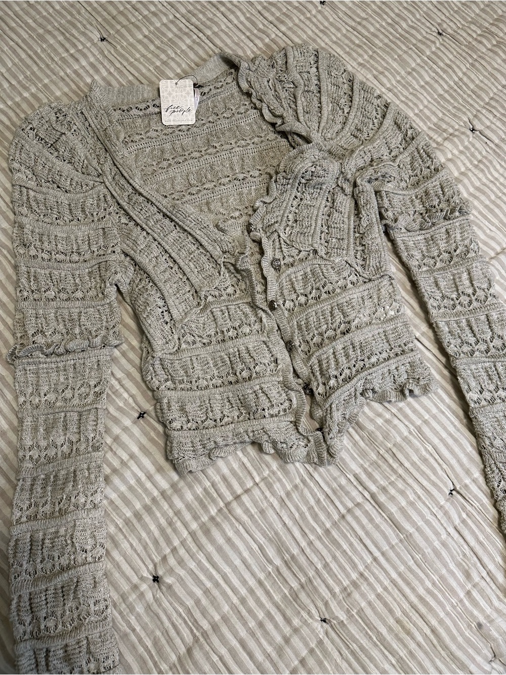 NWT Free People Light Gray Loose Stitch Crochet Cardigan Sweater